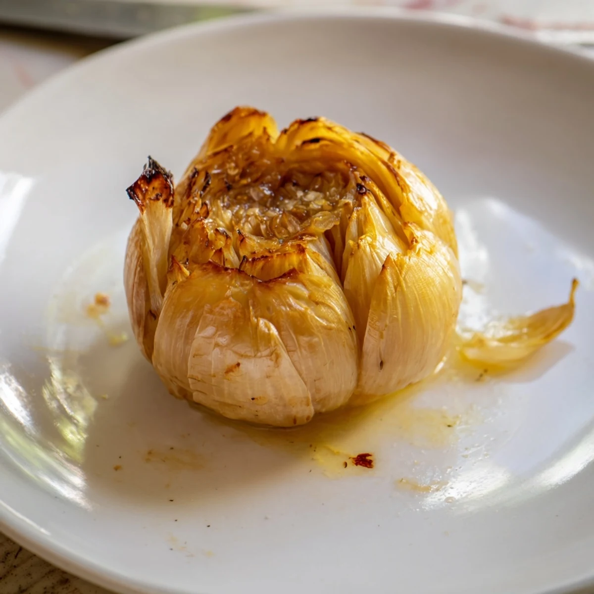 A close-up of roasted garlic, showing the creamy texture and delicious caramelization of each clove.