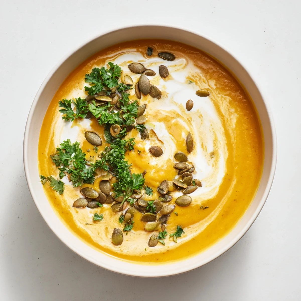A thick and vibrant creamy pumpkin soup, ready to enjoy on a cozy autumn evening.