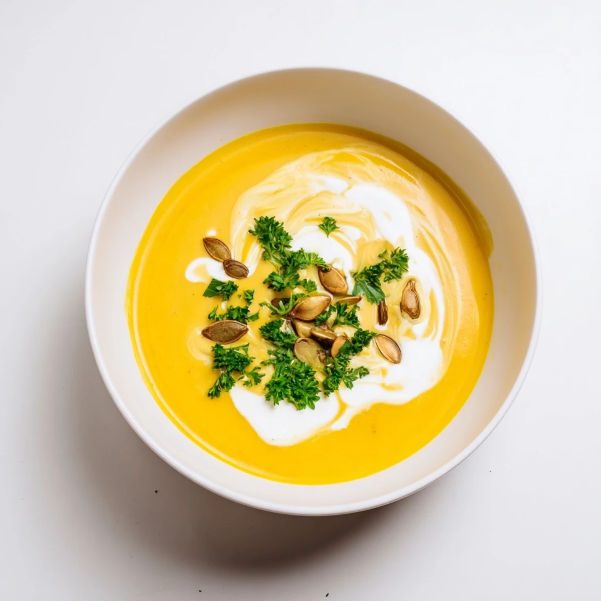 Steaming bowl of creamy pumpkin soup, garnished with seeds and cream, on a wooden table.