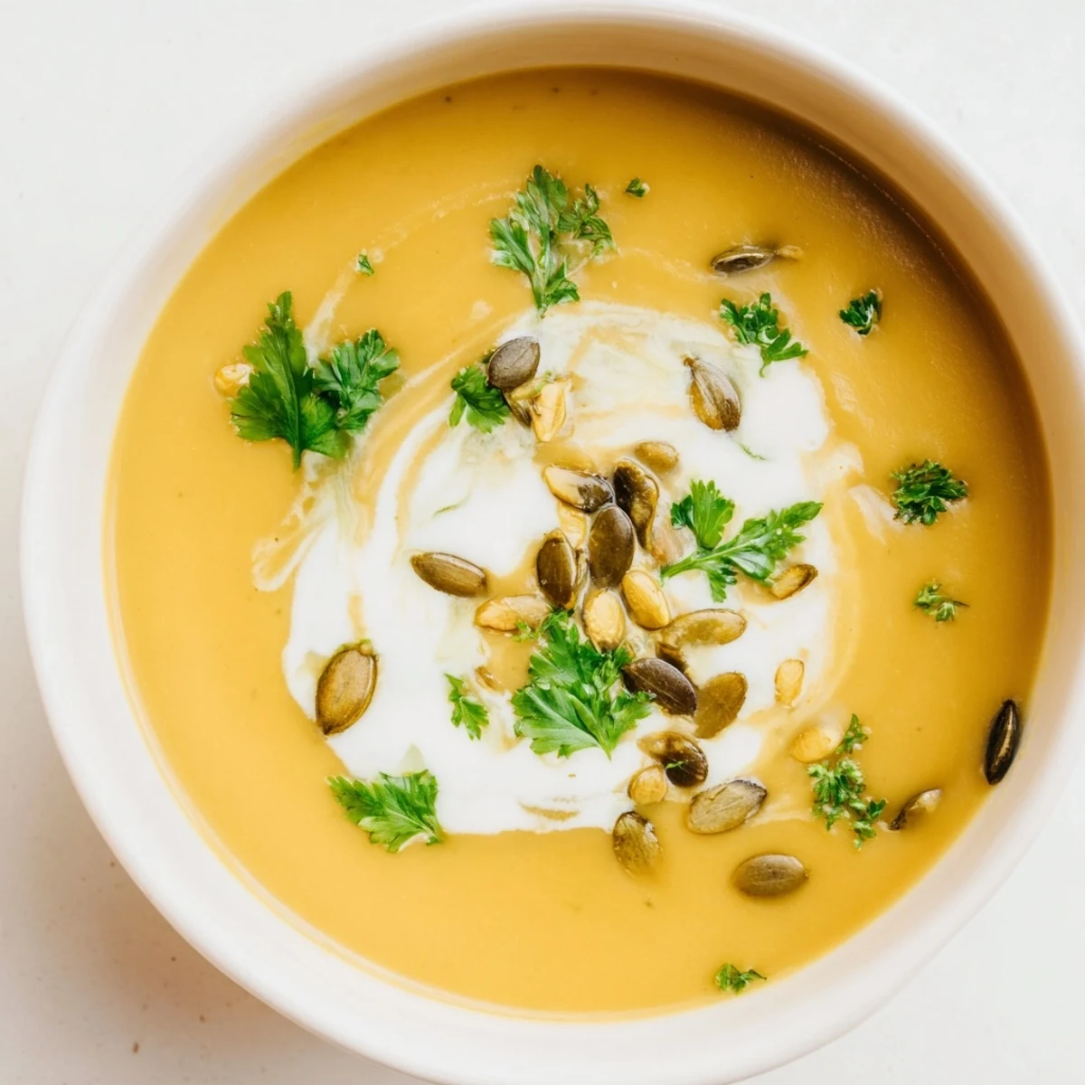 Close-up of a delightful homemade creamy pumpkin soup, perfect for a warming vegetarian meal.