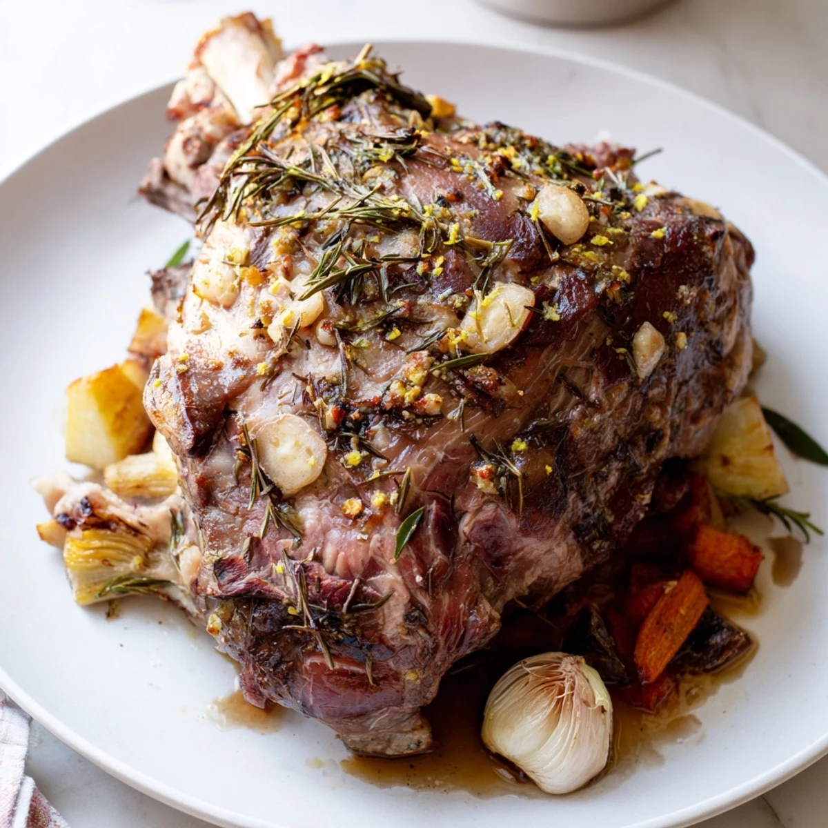 Juicy roasted leg of lamb, glistening and savory, ready to serve with root vegetables.