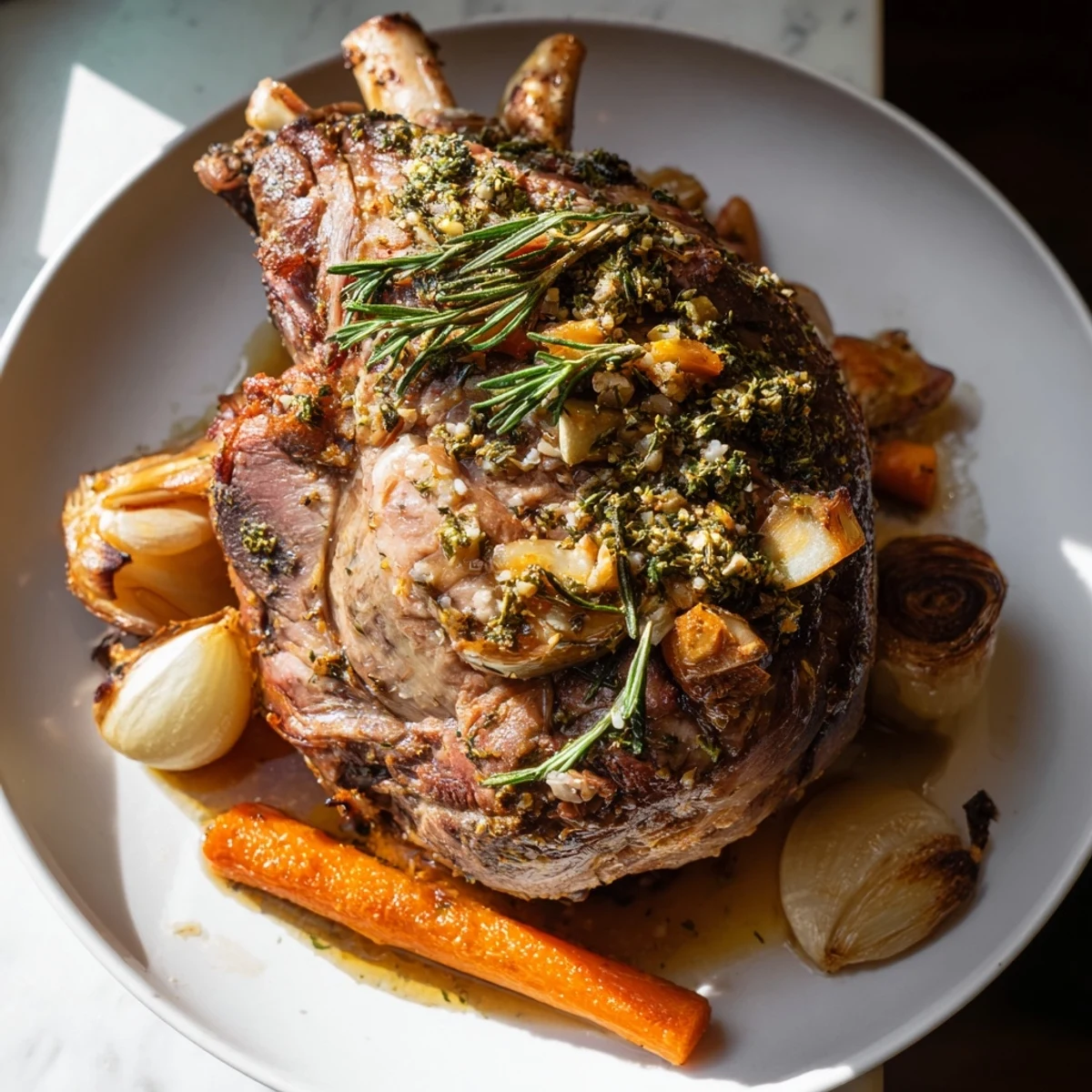 Close-up of a perfectly roasted leg of lamb, cooked with garlic and herbs, ideal for a holiday feast.