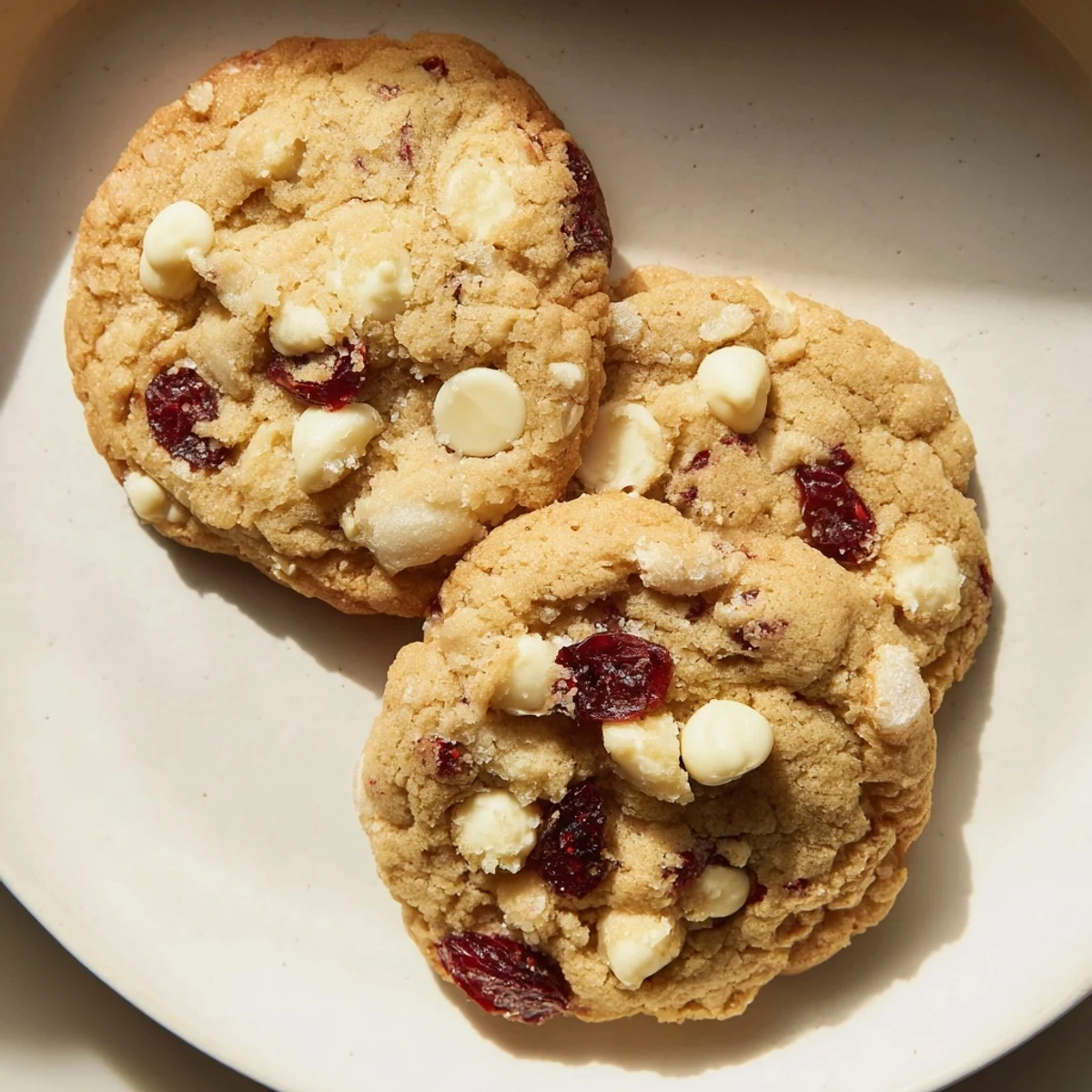 Close-up of freshly baked White Chocolate Cranberry Cookies, showing sweet white chocolate chips and tart cranberries.