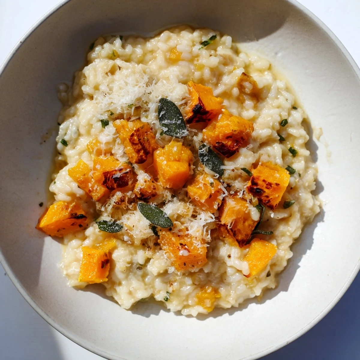 Warm, inviting close-up of vibrant butternut squash and sage risotto, a delightful vegetarian meal.