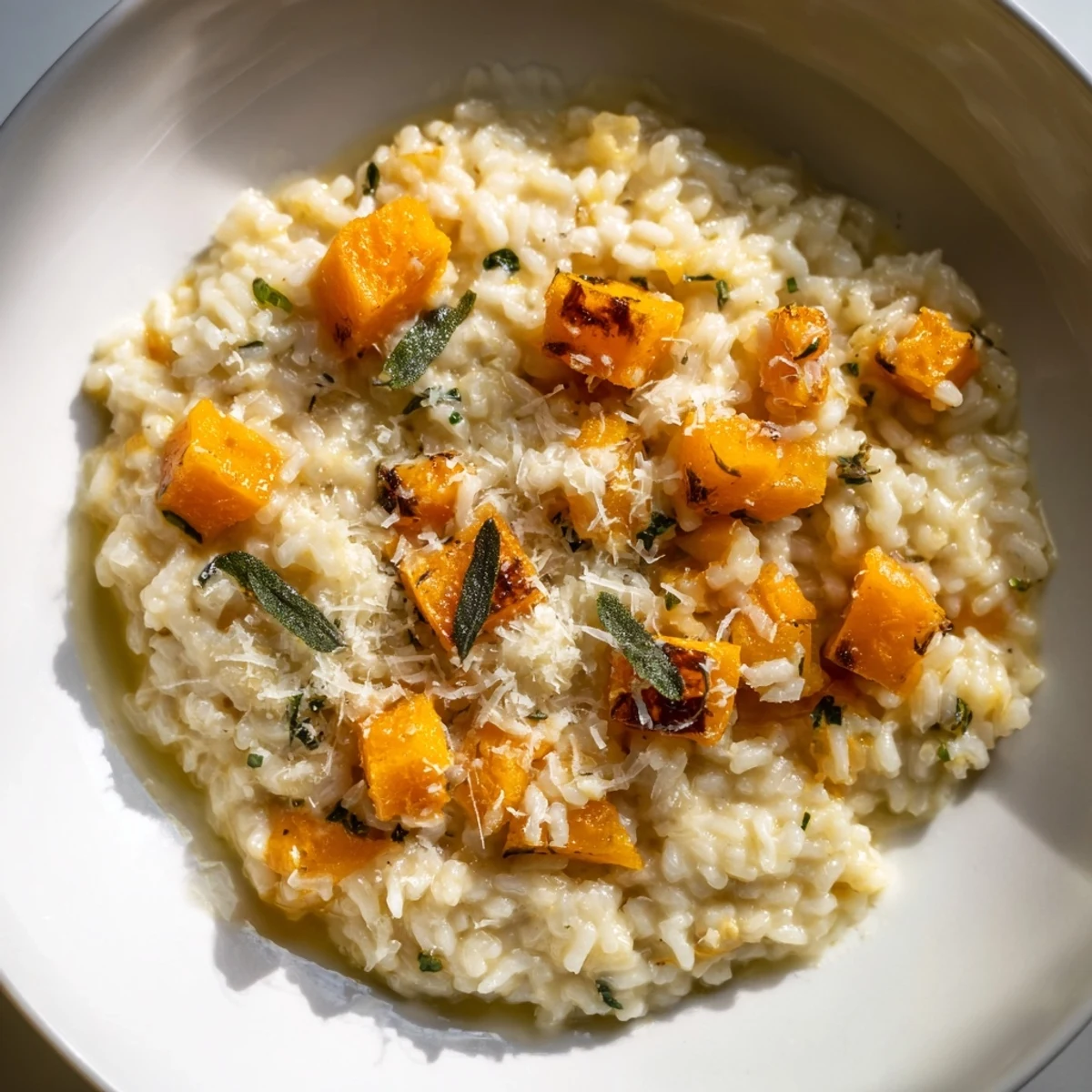 A comforting bowl of freshly made butternut squash and sage risotto, perfect for a fall dinner.