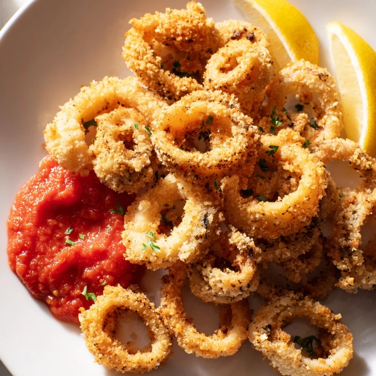 Golden crispy fried calamari rings glistening, next to a vibrant red marinara sauce for dipping.