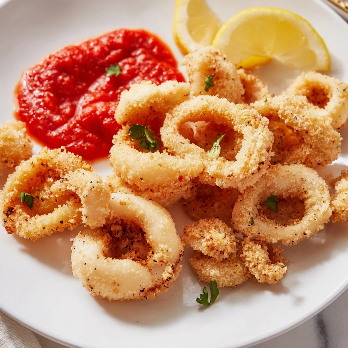 A close-up of crispy fried calamari, a classic Italian appetizer, ready to be soaked in marinara.