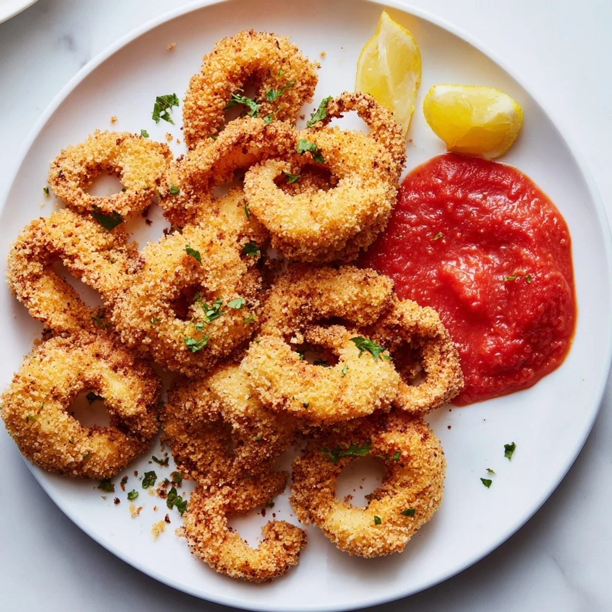 Delicious, perfectly cooked crispy fried calamari with lemon wedges and fresh parsley, ready to enjoy.