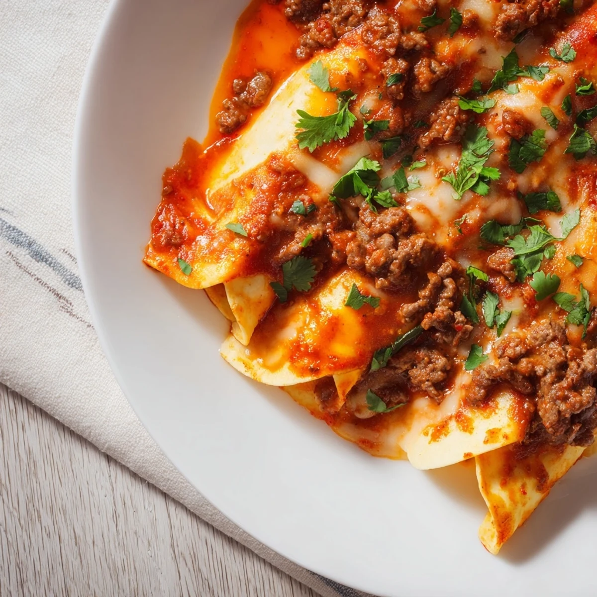 Steaming hot beef enchiladas with red sauce, cheese bubbling, ready for a comforting Mexican dinner.
