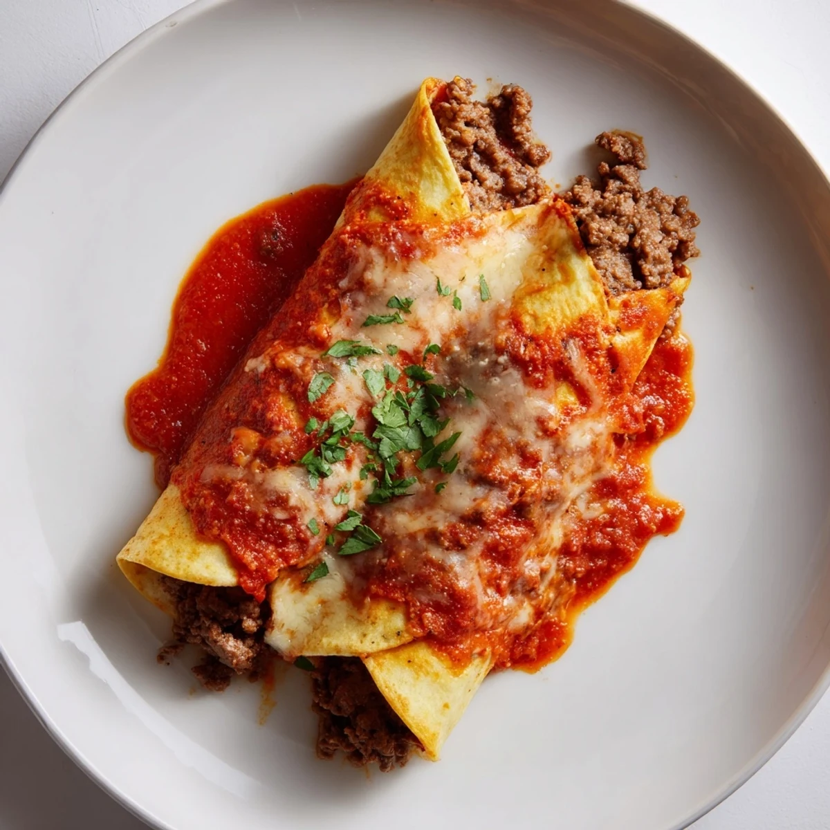 Golden, bubbly cheese covers enchiladas with red sauce; savory beef filling peeks from rolled tortillas.
