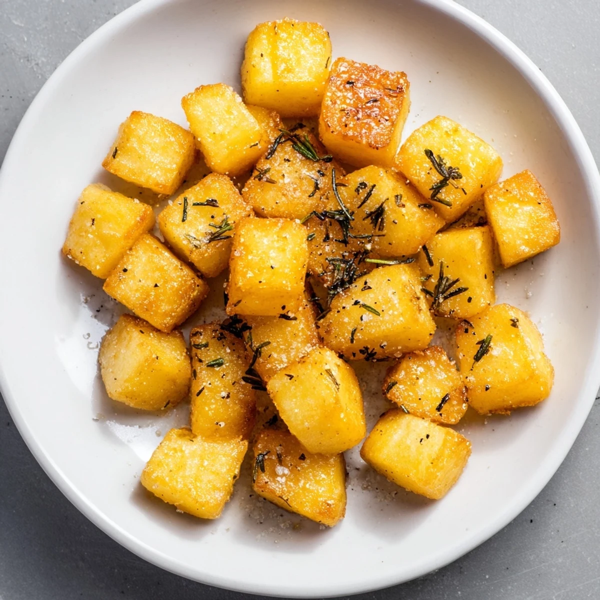 Golden and glistening Crispy Duck Fat Potatoes, perfectly browned and seasoned with fresh rosemary.