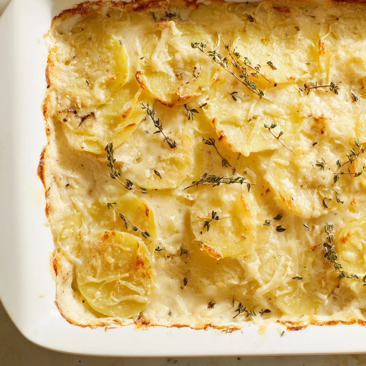 Golden, bubbling Cheesy Potato Gratin with thyme, ready to serve and infused with creamy richness.