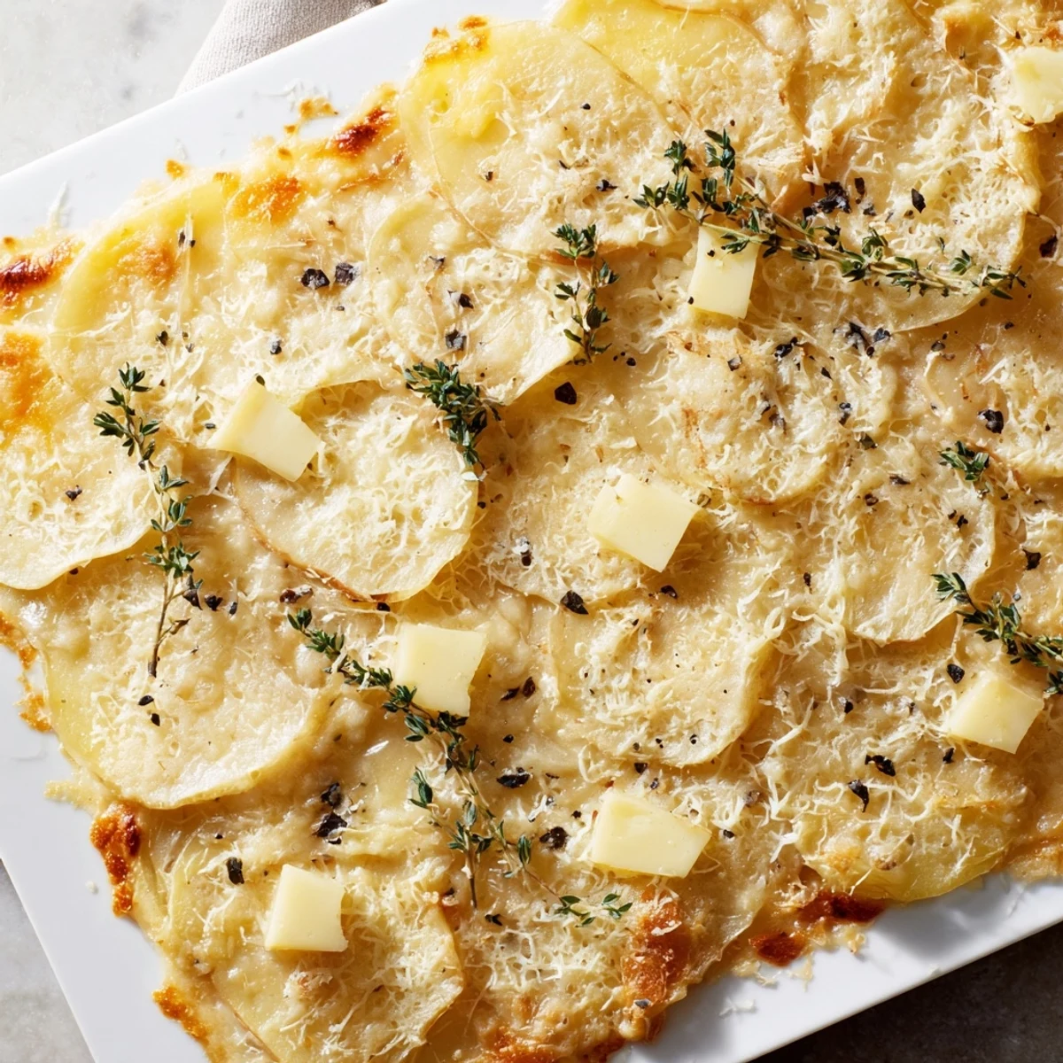 Layers of potatoes and melting cheese in this savory Cheesy Potato Gratin, richly seasoned with herbs.