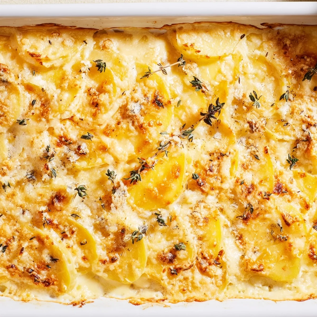 A warm, inviting shot of Cheesy Potato Gratin, showcasing cheesy, perfectly baked layers with visible thyme.