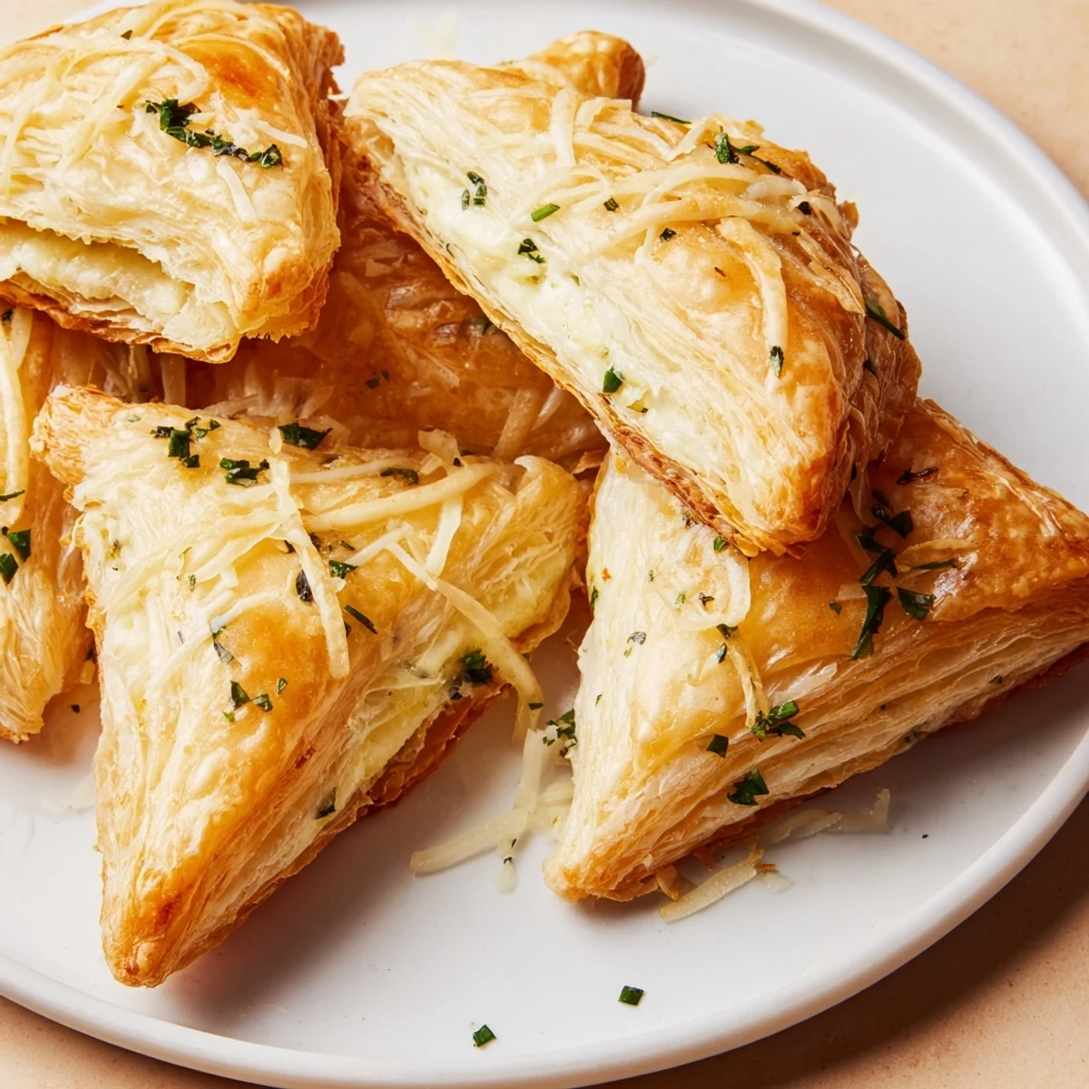 Flaky, baked Savory Pastry Puffs showcase a tempting golden crust and savory, cheesy filling.