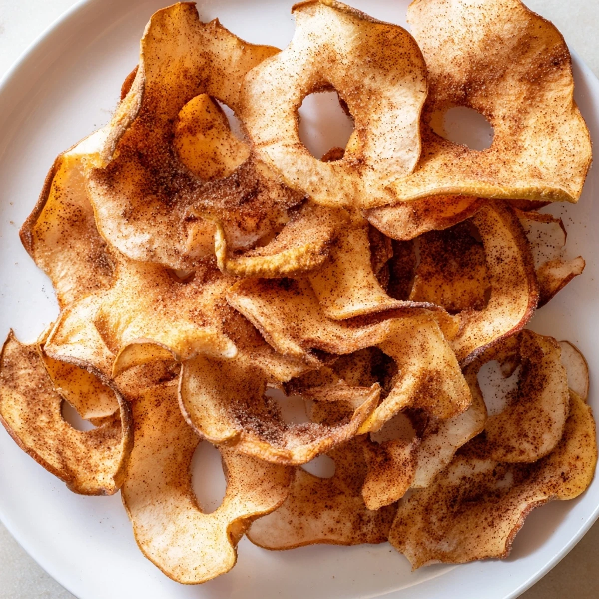 Thinly sliced Spiced Apple Chips glistening with cinnamon, a tasty, sugar-free treat, perfect for snacking.