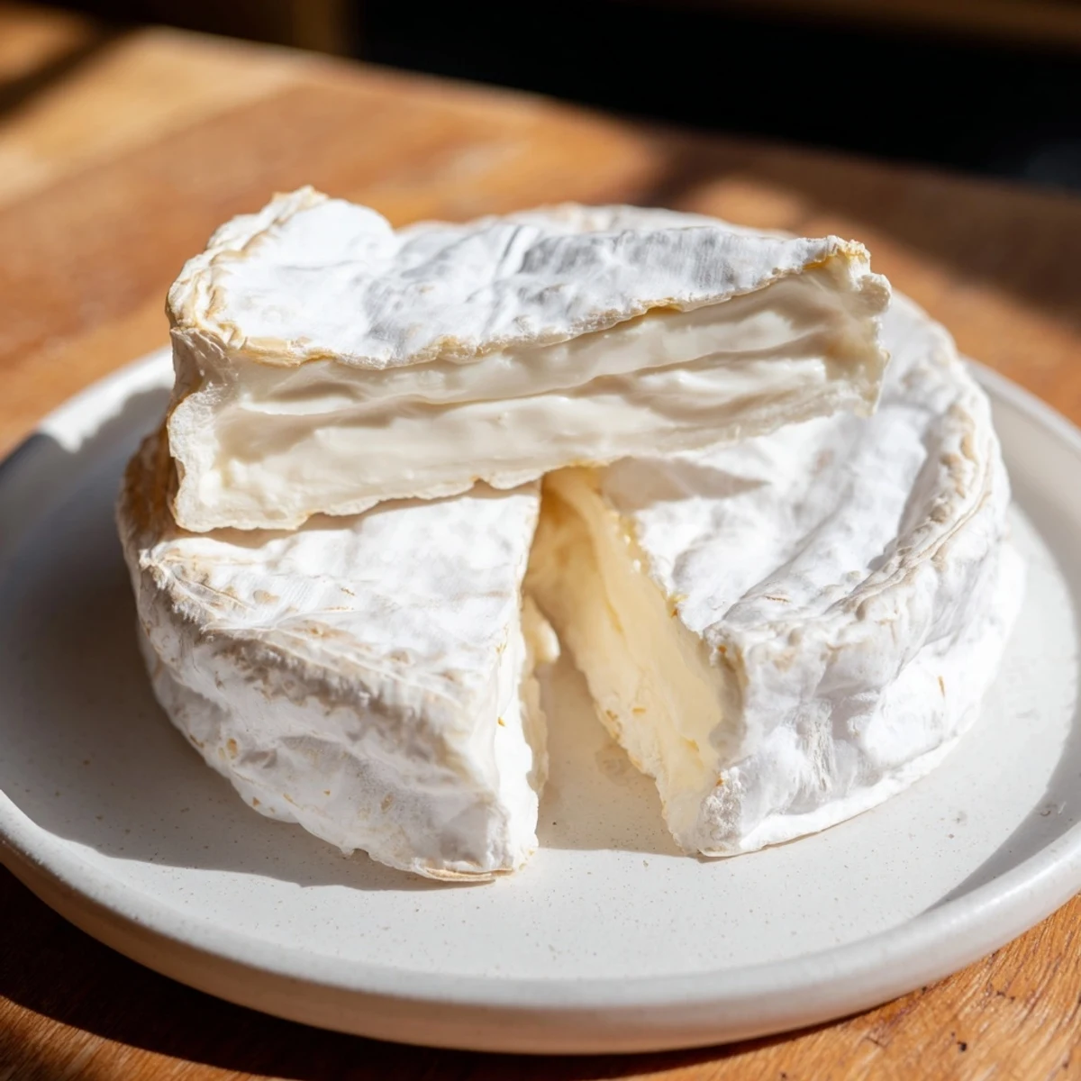 Wheel of creamy Brie cheese, its rind slightly bloomed ready for cheese boards.