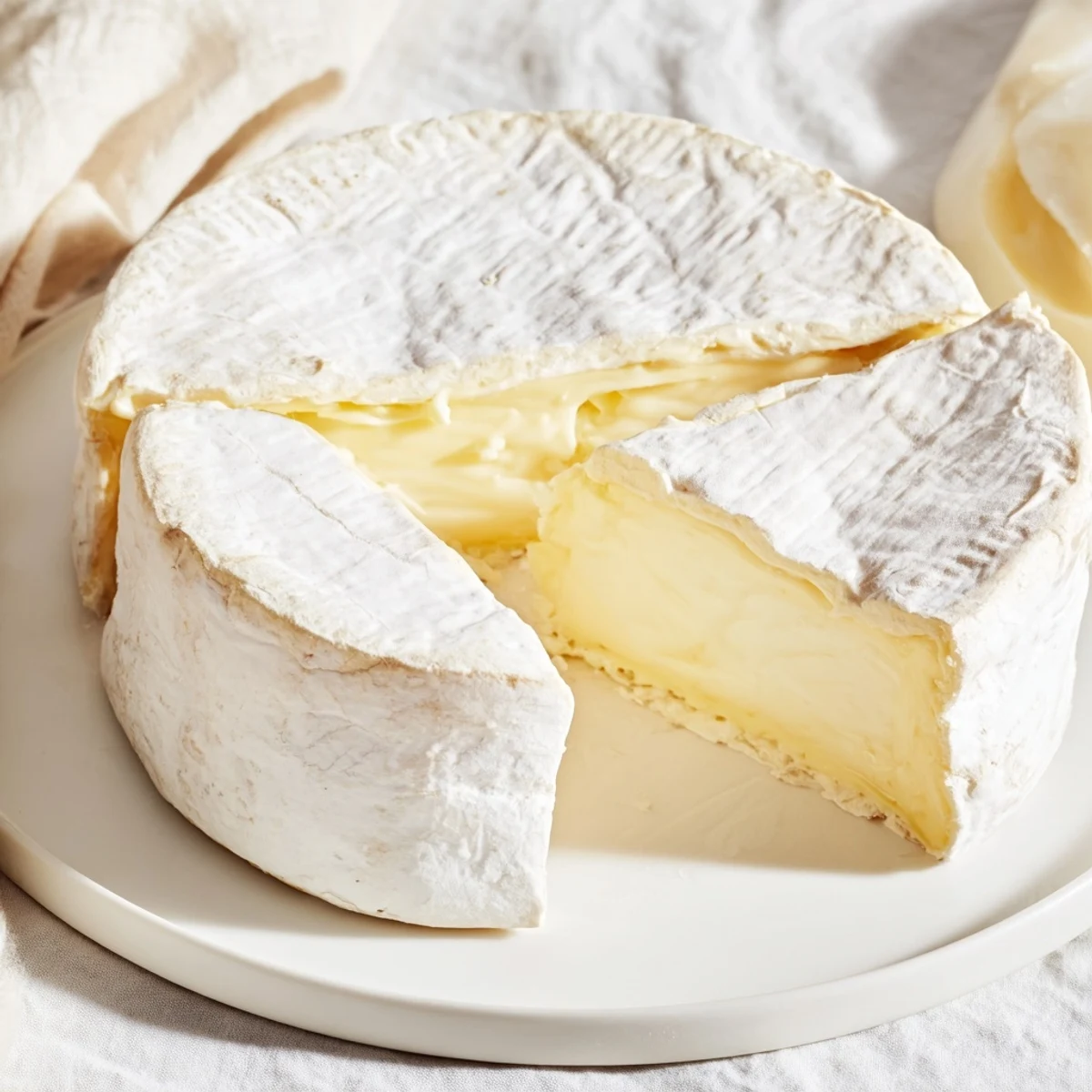 Close-up of a perfectly aged Brie cheese reveals its creamy texture and rich, buttery flavor.