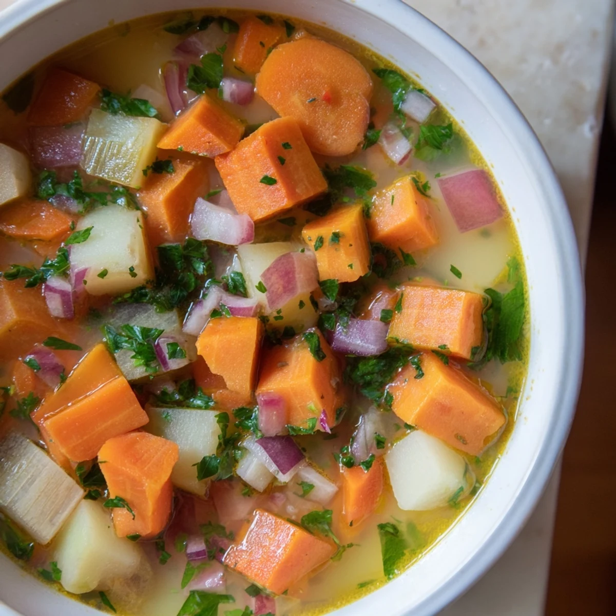 Steaming bowl of Winter Solstice Soup, garnished with parsley, invitingly flavorful and hearty.