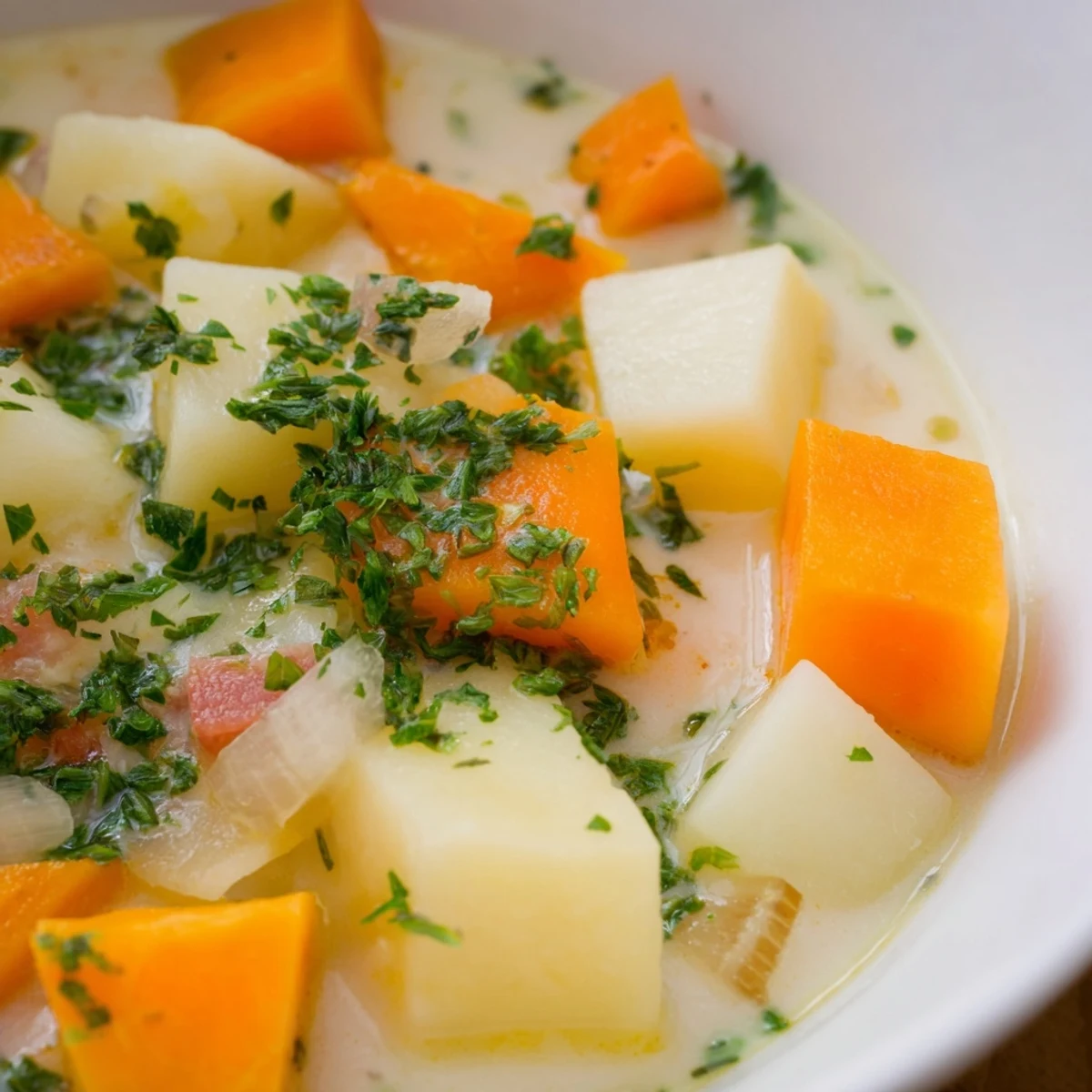 Close-up of a rustic, homemade Winter Solstice Soup, perfect for a cozy, gluten-free dinner.