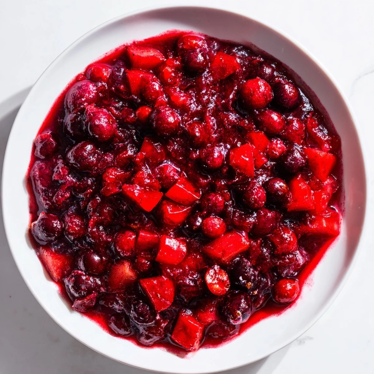 Vibrant cranberry apple sauce, a colorful side dish ready for your holiday meal.