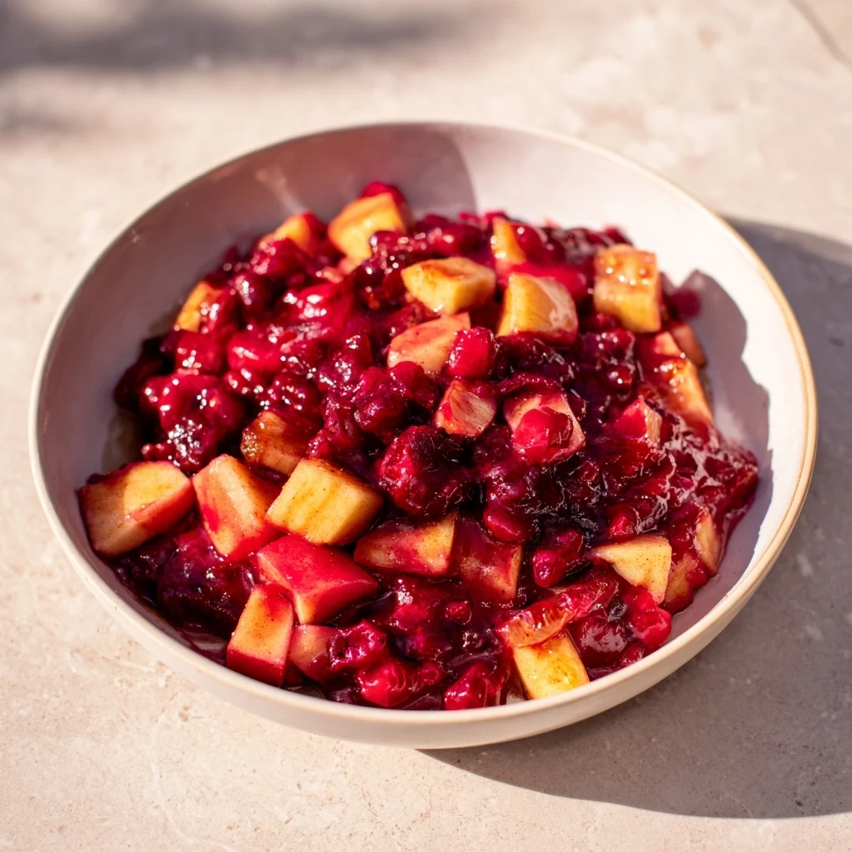 Homemade cranberry apple sauce, chunky texture with visible red cranberries and apple pieces.