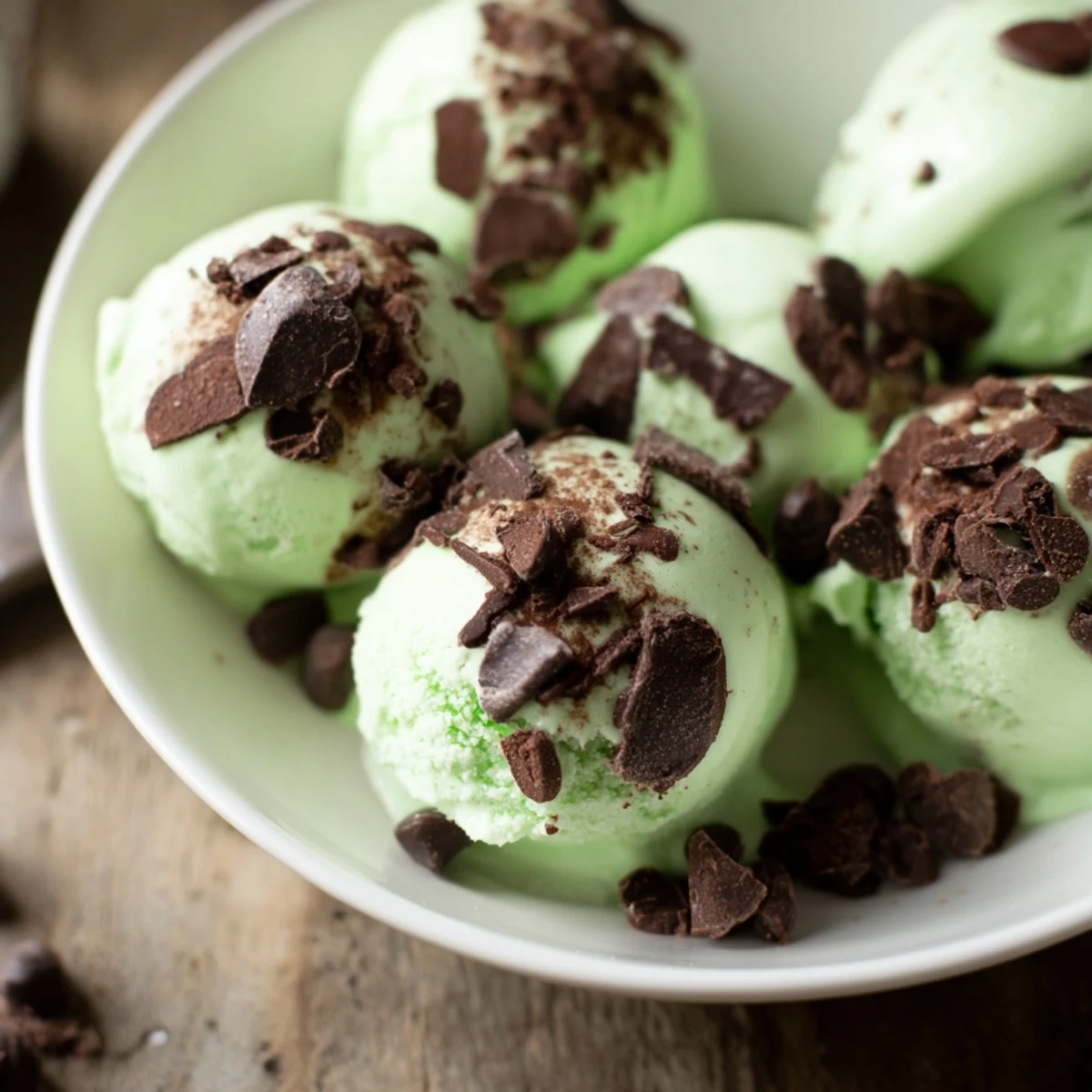 A scoop of rich Chocolate Mint Ice Cream swirled with chocolate chips, ready to enjoy.