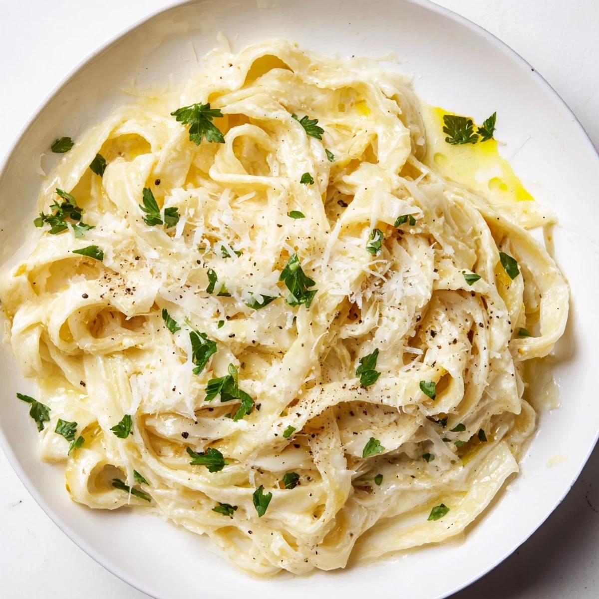 Creamy Fettuccine Alfredo, featuring glistening pasta coated in a luxurious, cheesy Parmesan sauce.