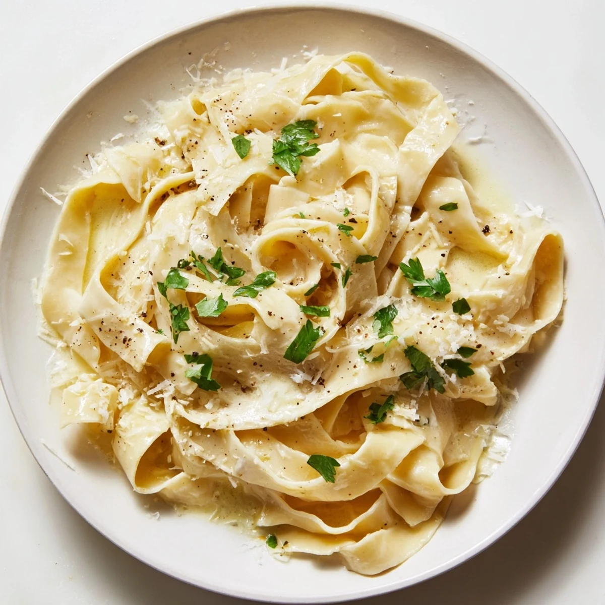 A close-up of Fettuccine Alfredo, showing perfectly cooked pasta in a rich, buttery sauce, ready to serve.