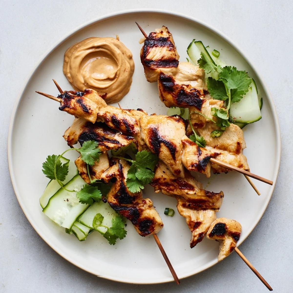 Grilled chicken satay skewers, with a rich peanut sauce, ready for dipping on a white platter.