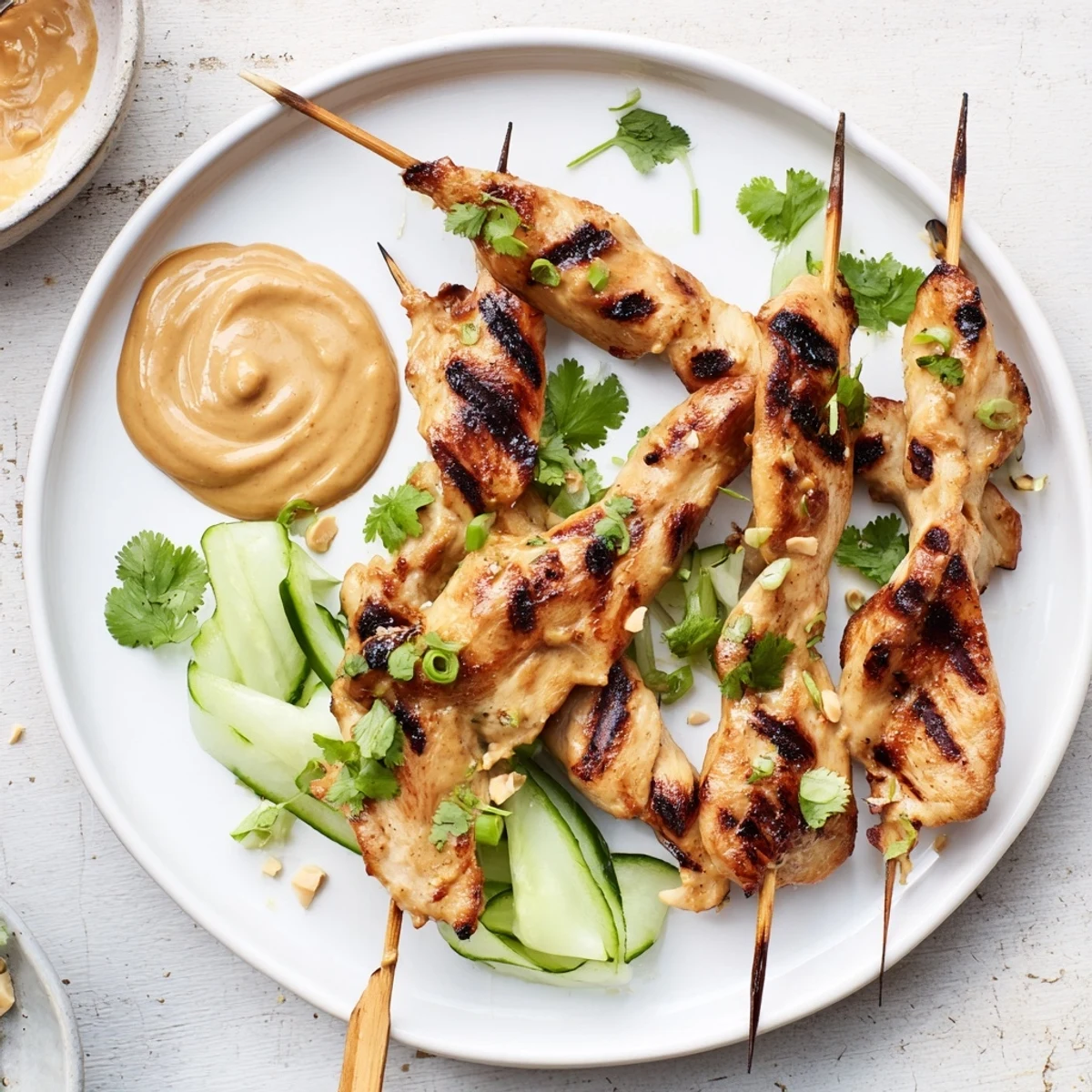 Close-up of golden Chicken Satay with Peanut Sauce, garnished with fresh cilantro and lime wedges.