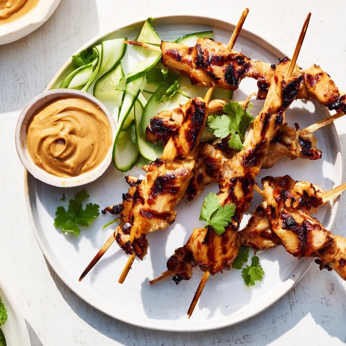 A flavorful plate of Chicken Satay with Peanut Sauce, offering a visual feast of textures and colors.