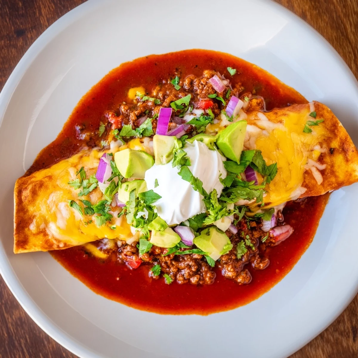 A sizzling, close-up shot of homemade beef enchiladas, showcasing the rich red sauce and melted cheese.