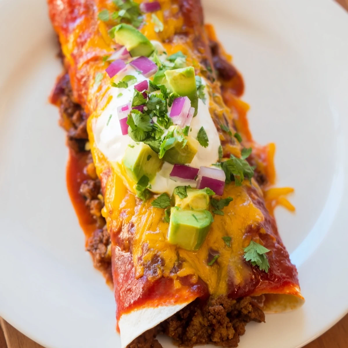 Warm, cheesy beef enchiladas ready to be devoured, with crunchy fresh cilantro as a colorful garnish.