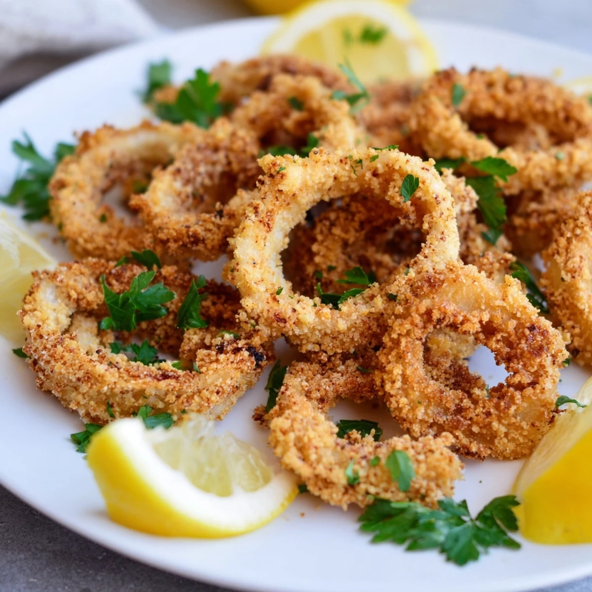 Golden-brown fried calamari, perfectly crispy, ready to dip in creamy aioli and enjoy as an appetizer.