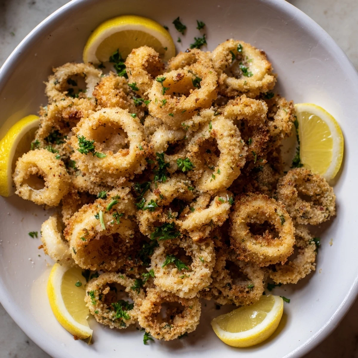 A flavorful plate of crispy fried calamari, a delightful Mediterranean appetizer, seasoned and ready to eat.