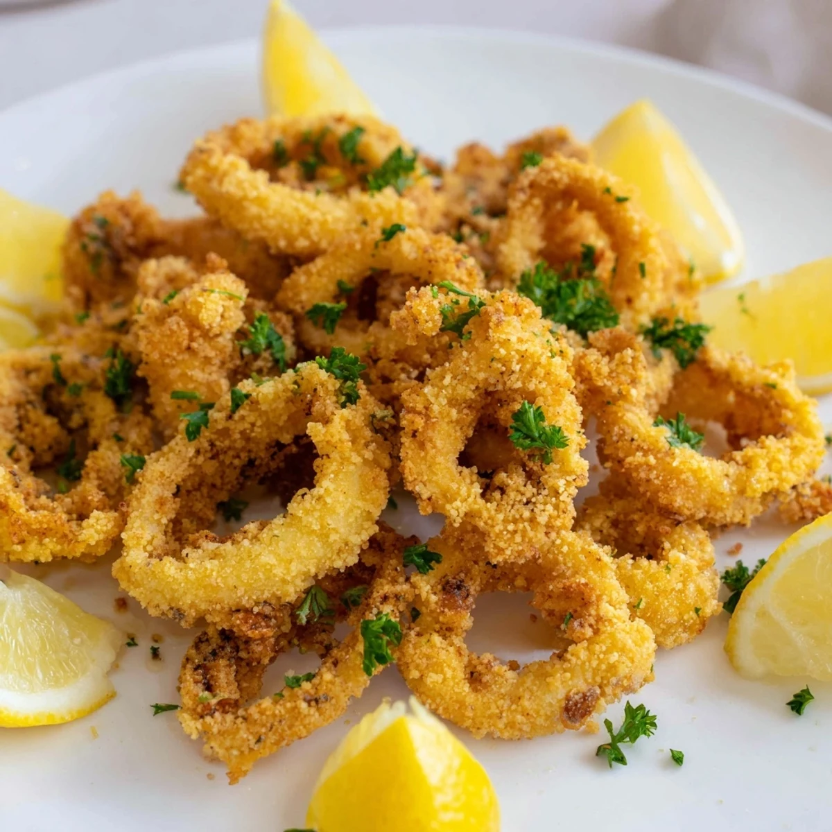 Freshly fried calamari, showcasing the tender rings and tentacles, served with bright lemon wedges.