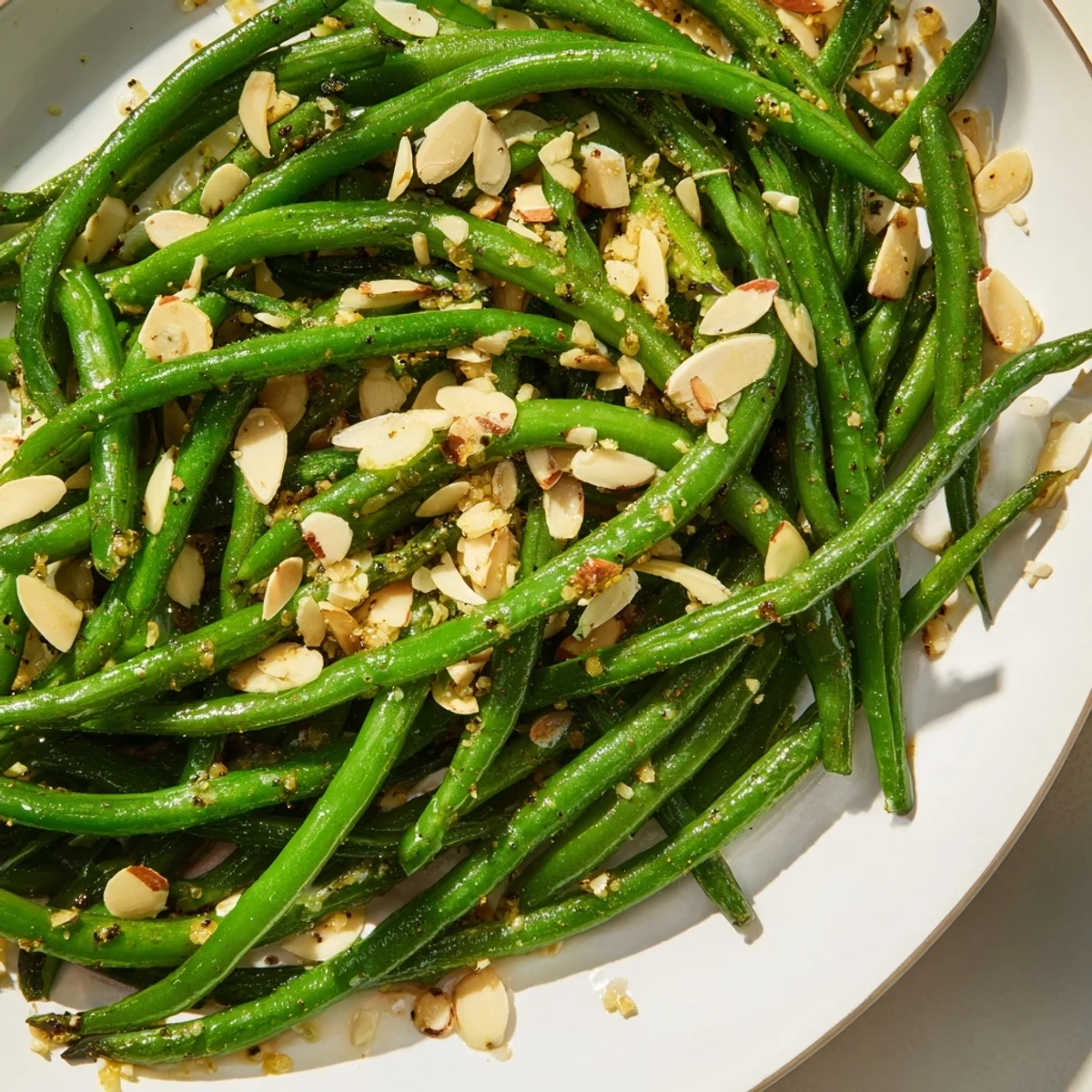 Vibrant Garlic Green Beans are shown, a healthy side dish glistening with garlic and oil.