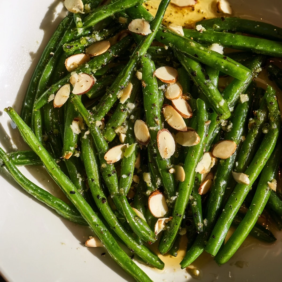 This image displays cooked Garlic Green Beans, a simple yet delicious side with fresh garlic.