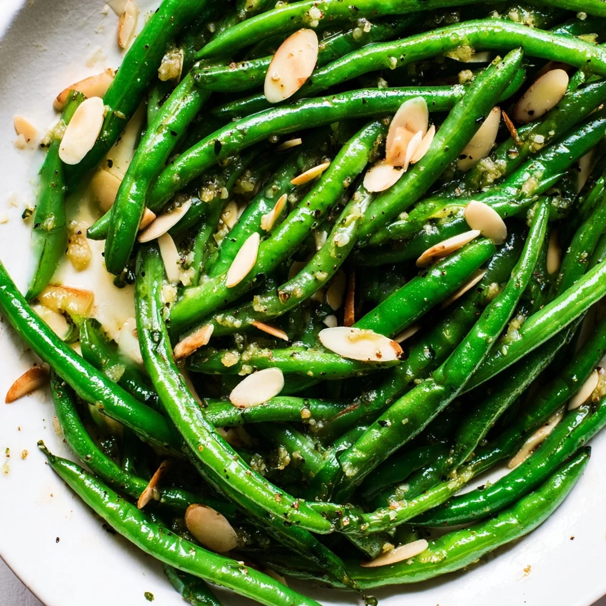 Sizzling Garlic Green Beans, seasoned and ready to eat, creating a flavorful and fresh side.