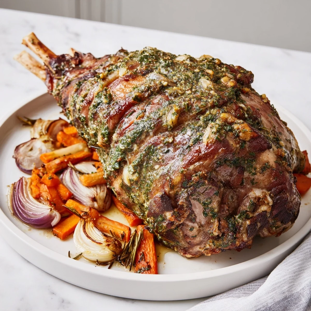 Golden, juicy Roast Lamb with Herbs, surrounded by roasted vegetables and glistening pan juices.