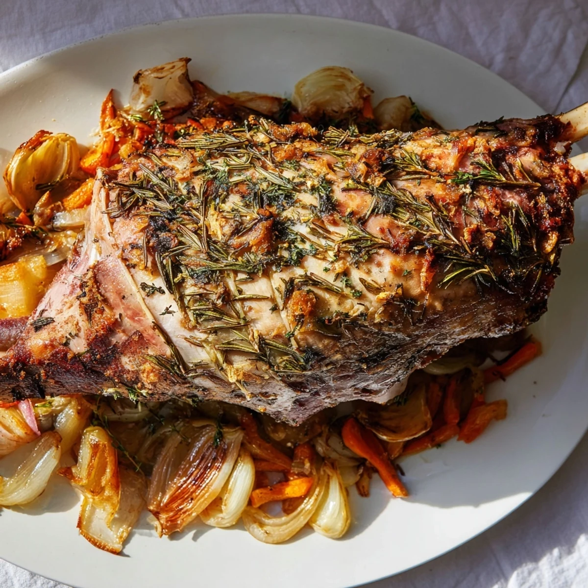 Close-up of tender, flavorful Roast Lamb with Herbs, infused with fresh herbs and beautifully browned.