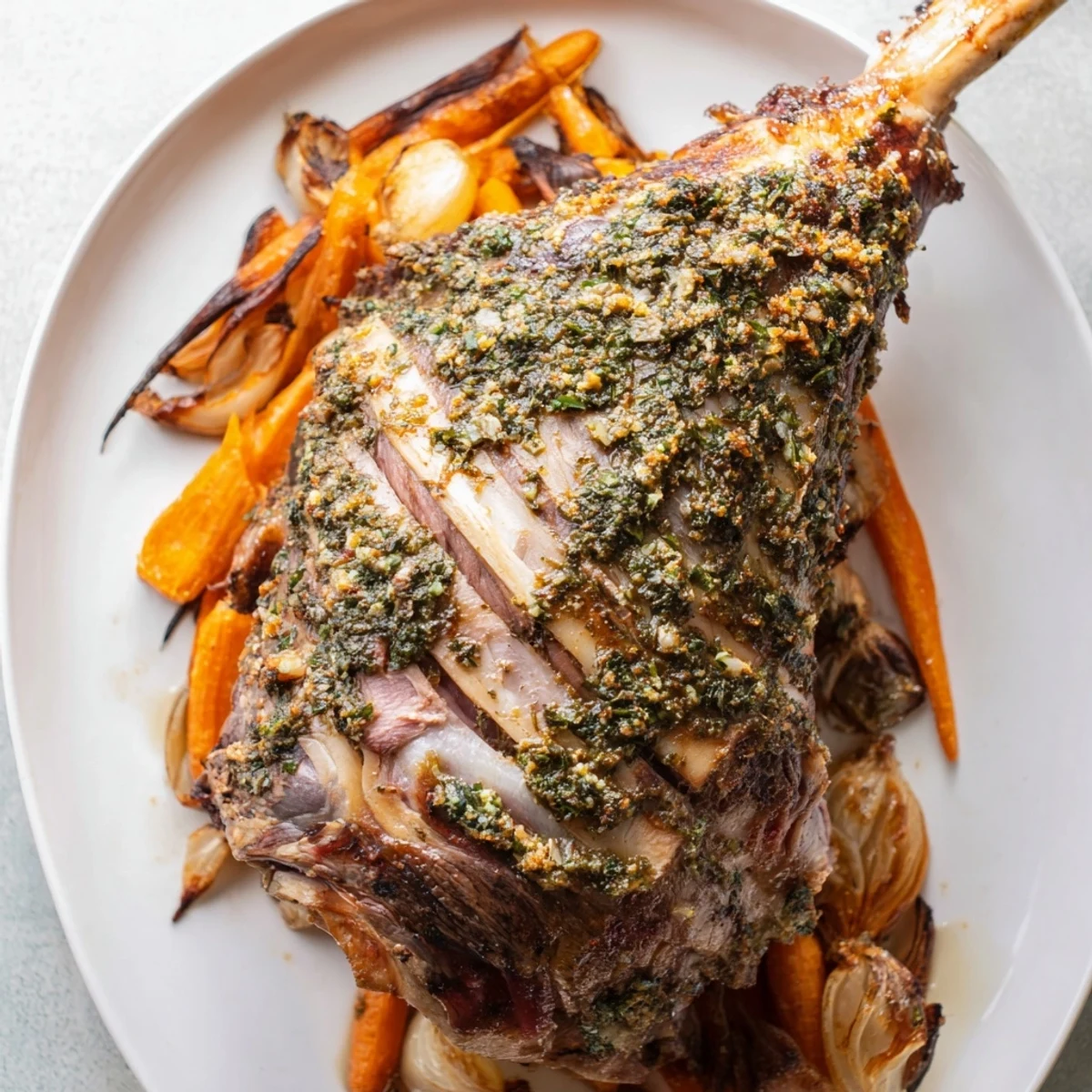 Savory slices of Roast Lamb with Herbs, served with a rich, aromatic sauce, ready to enjoy.