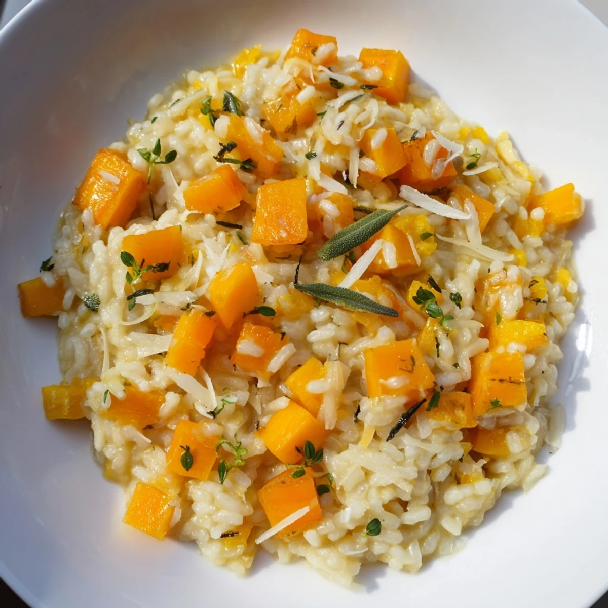 A close-up of finished butternut squash risotto with a vibrant, inviting, and cheesy texture.