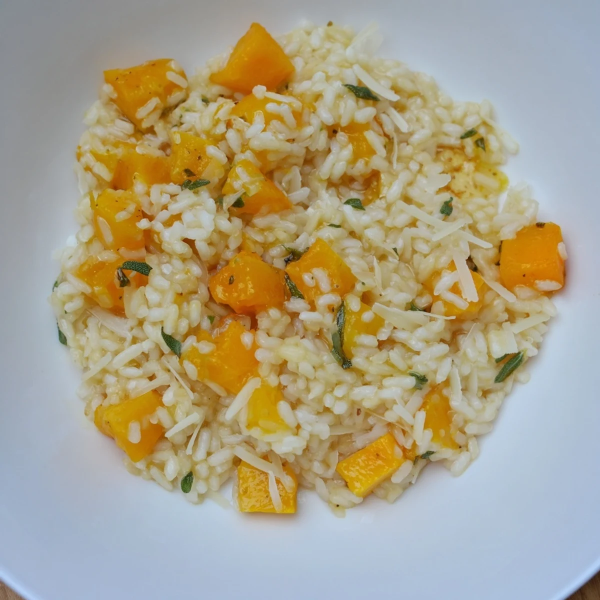 Golden butternut squash risotto, creamy and savory, topped with fresh herbs, a comforting bowl.