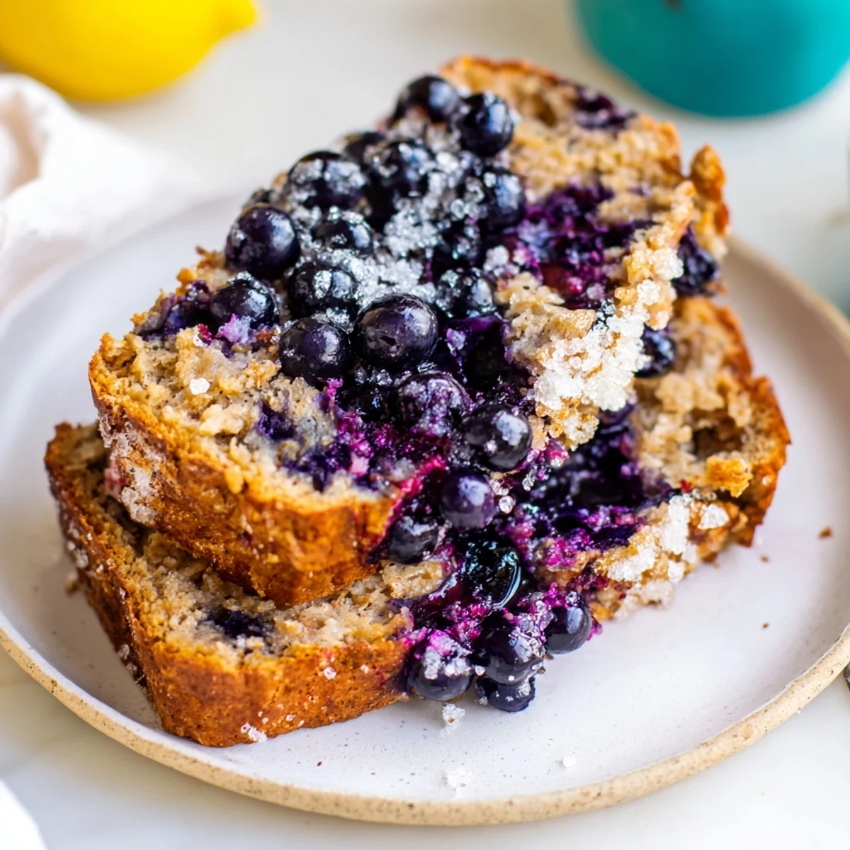 Warm slice of blueberry yogurt loaf, a delightful, moist bread perfect for breakfast or dessert.
