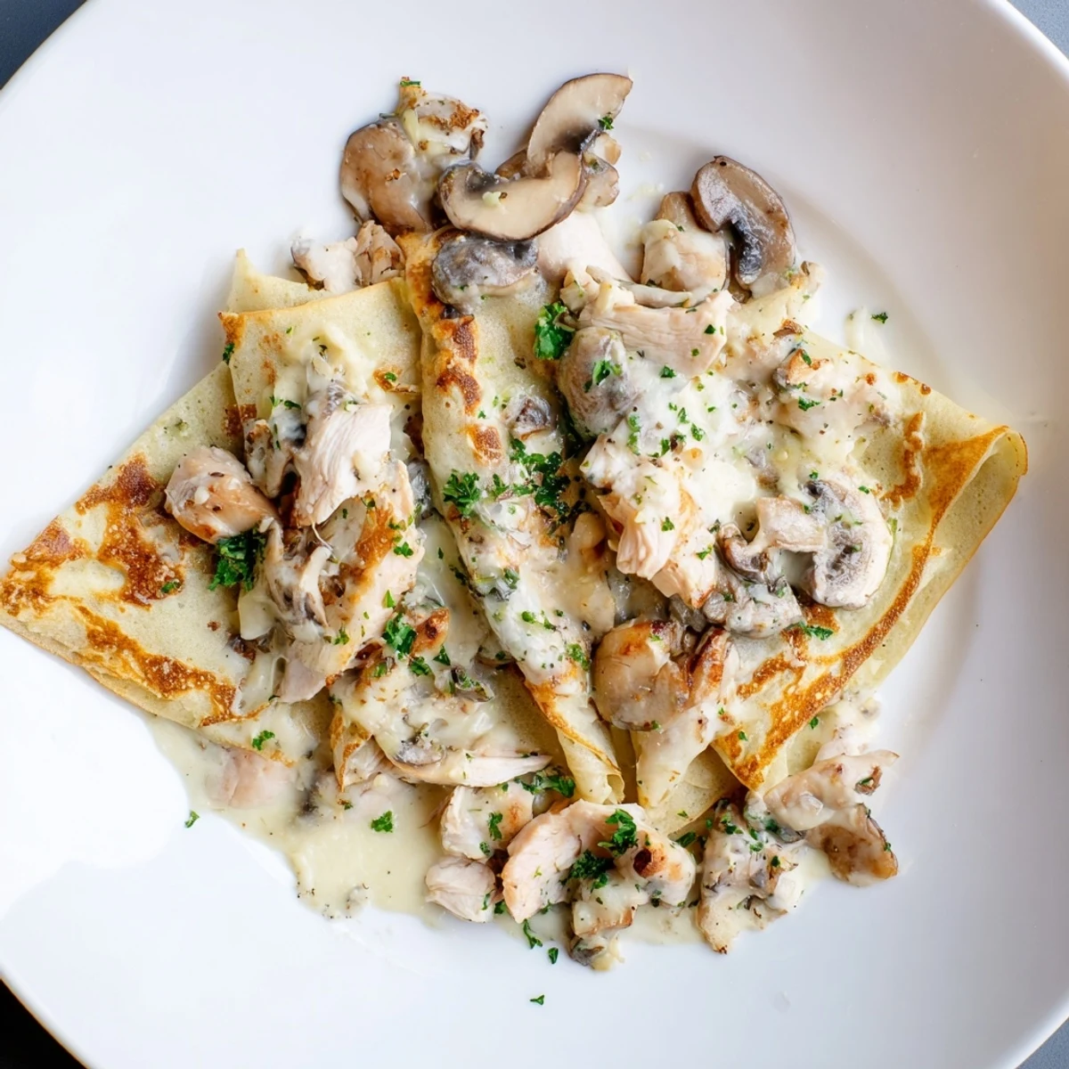 Savory chicken crêpes, rolled and plated, showcasing a rich, mushroom-and-chicken interior perfect for dinner.