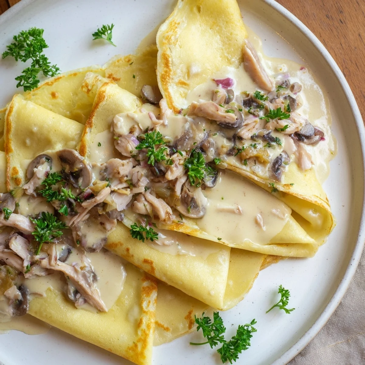 Close-up of a plated, folded chicken crêpe, revealing tender chicken and a luscious, creamy sauce inside.