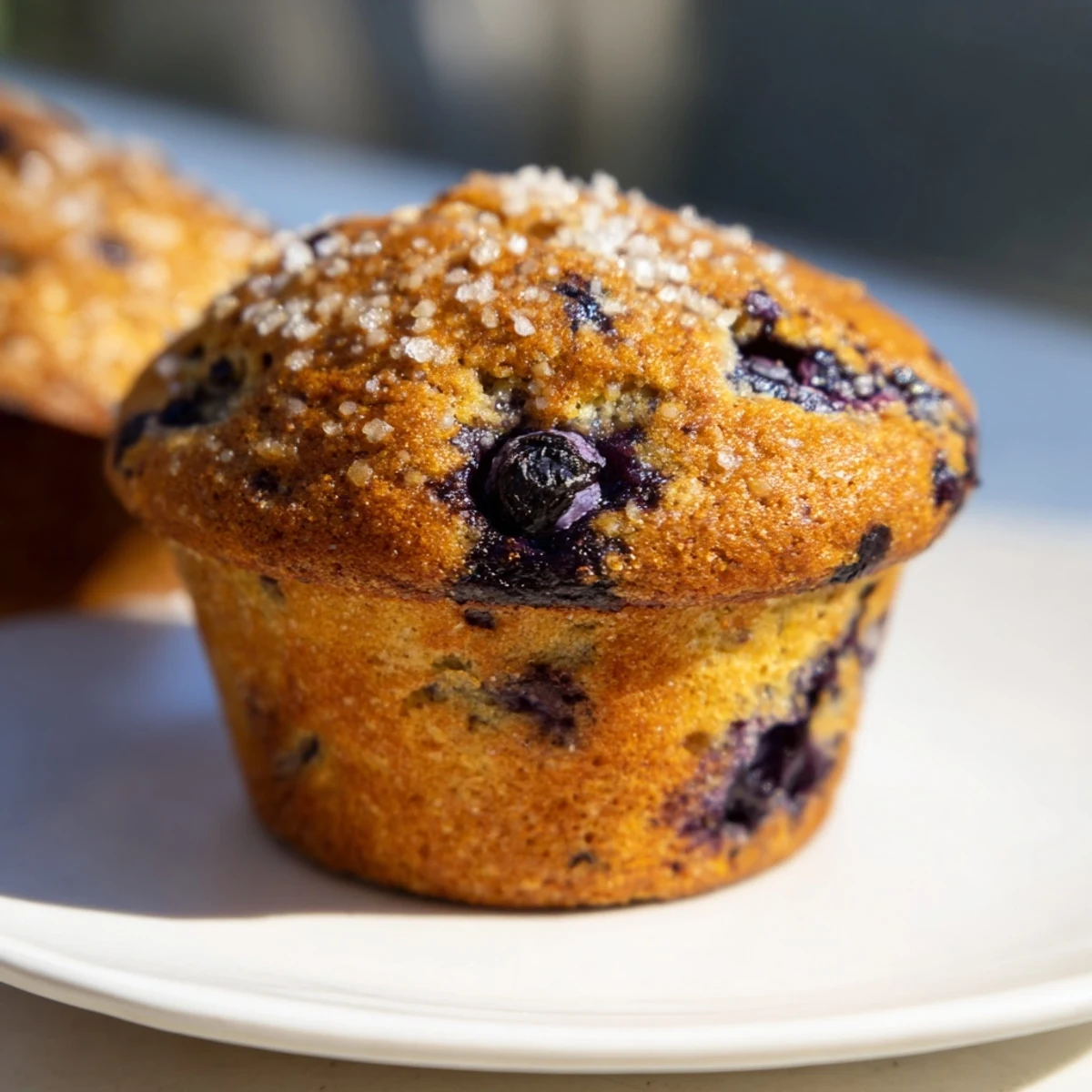 Fluffy, golden blueberry muffins fresh from the oven, ready for a delicious breakfast treat.
