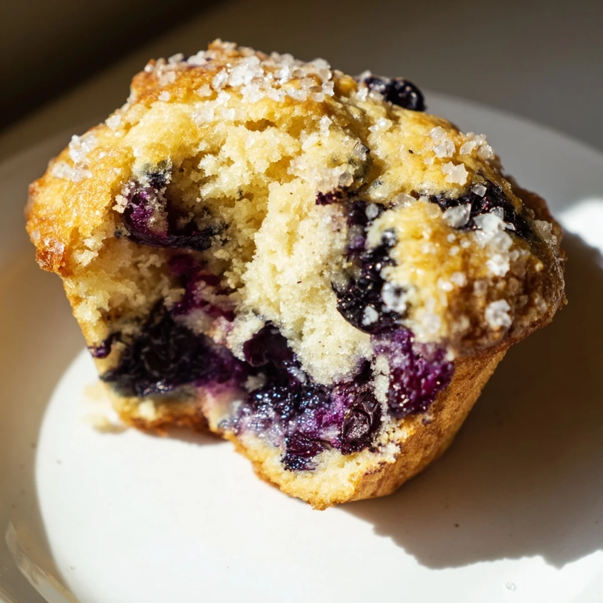 Close-up of baked blueberry muffins, showcasing plump blueberries and a tender, moist crumb texture.